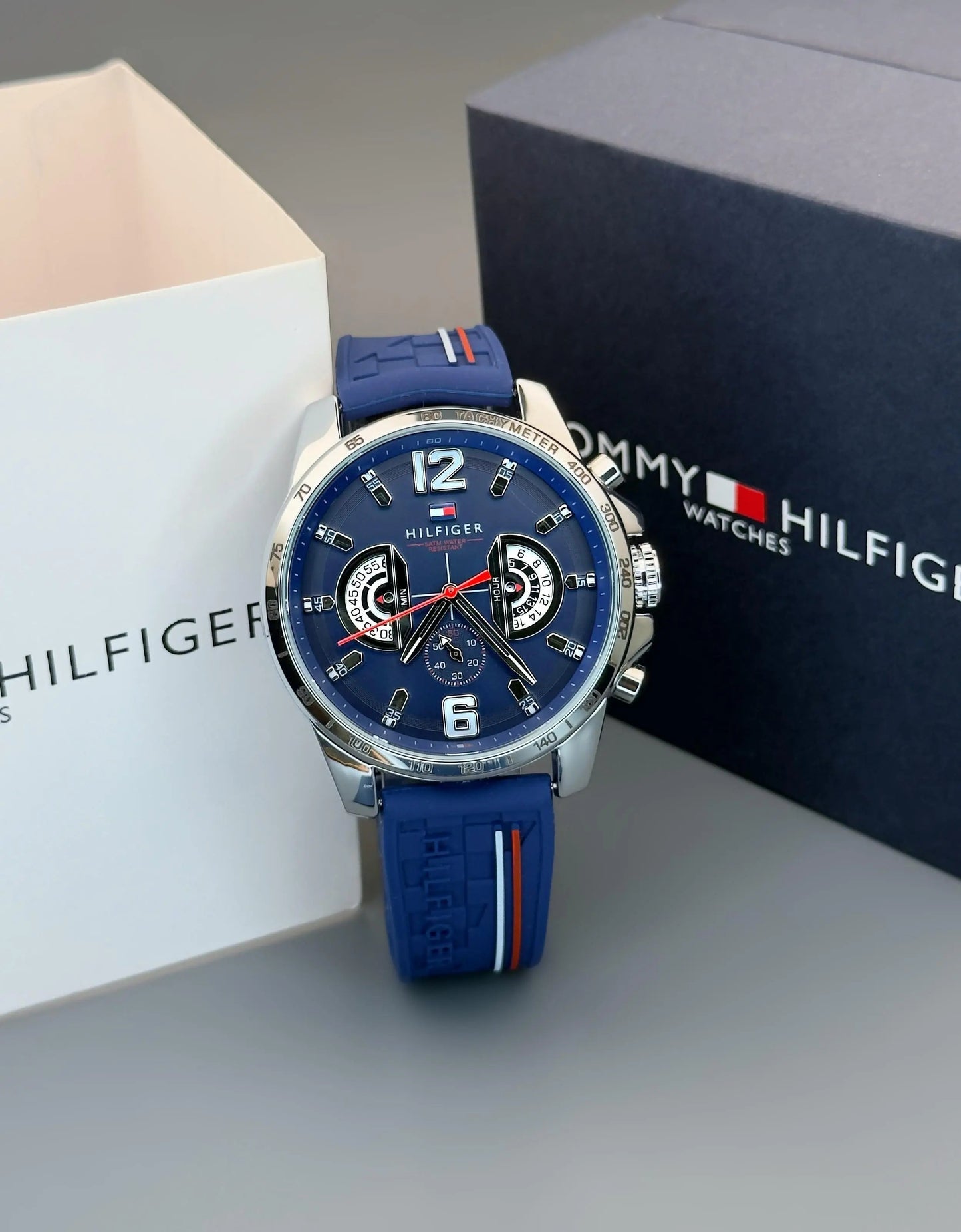 Tommy Hilfiger Silver Blue Rubber Strap Heavy Quality maurya watch