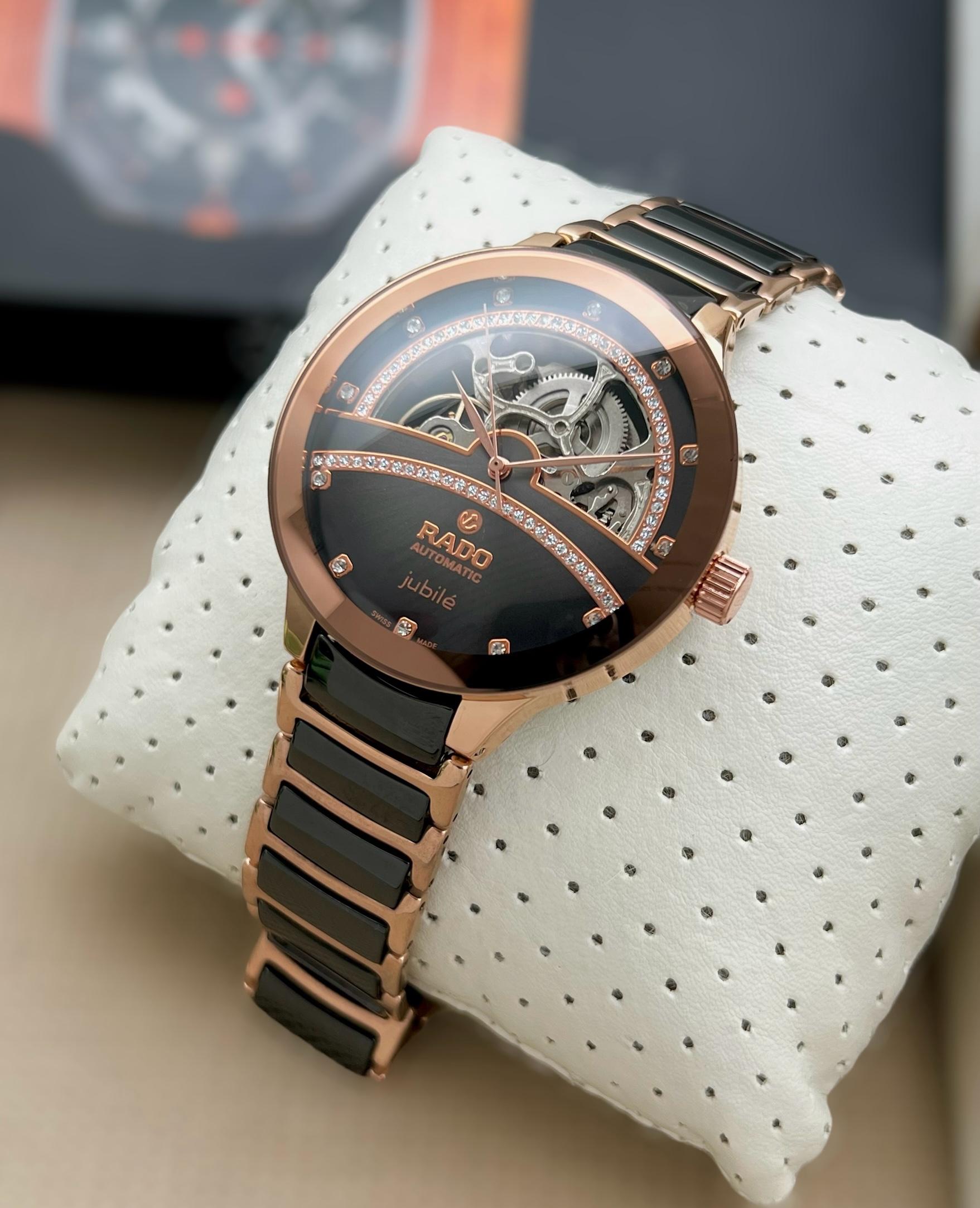 This Rado Automatic Jubilé watch exudes elegance with its exquisite skeleton dial, maurya watch