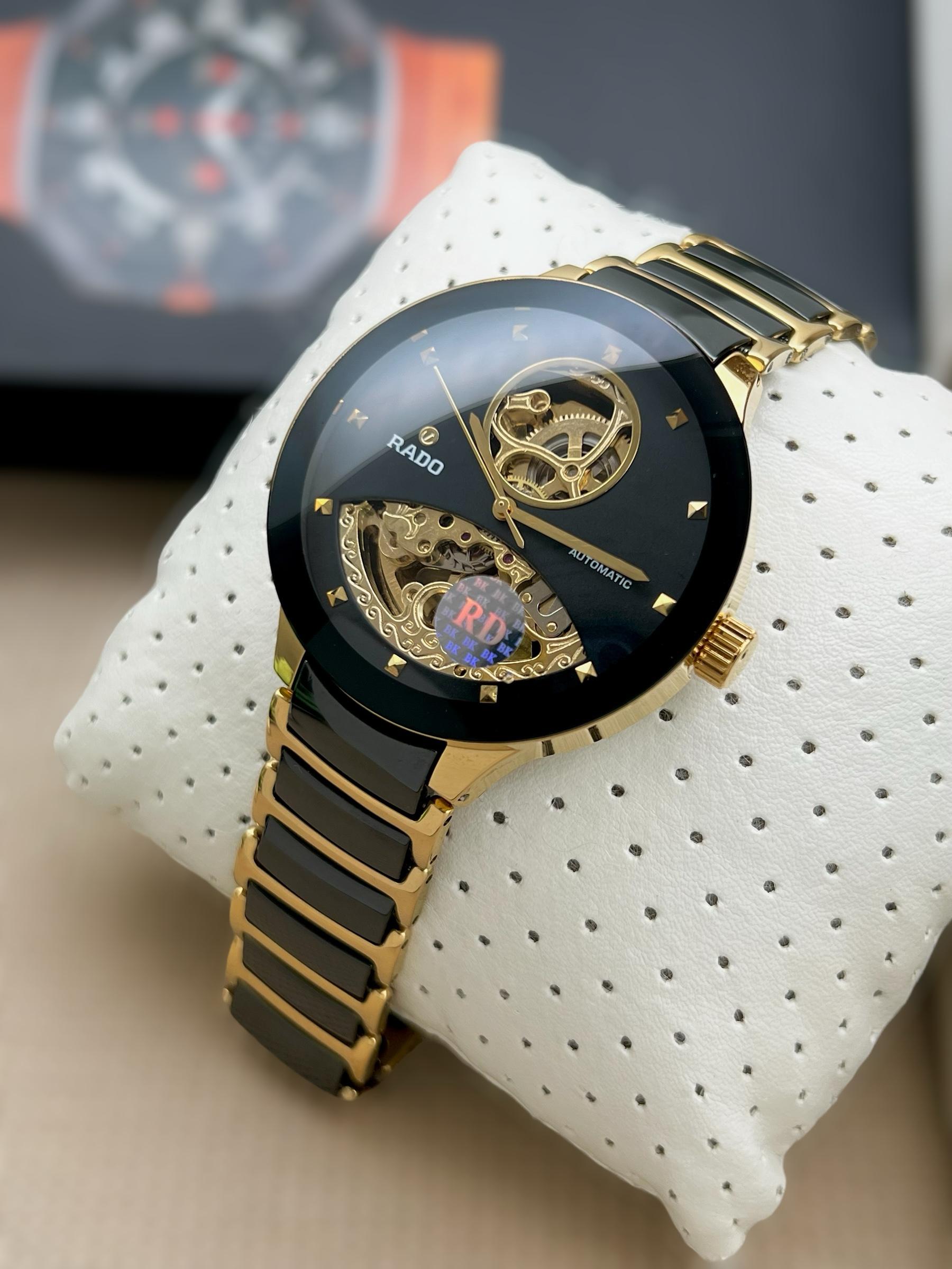 This Rado Automatic Jubilé watch exudes elegance with its exquisite skeleton dial, maurya watch