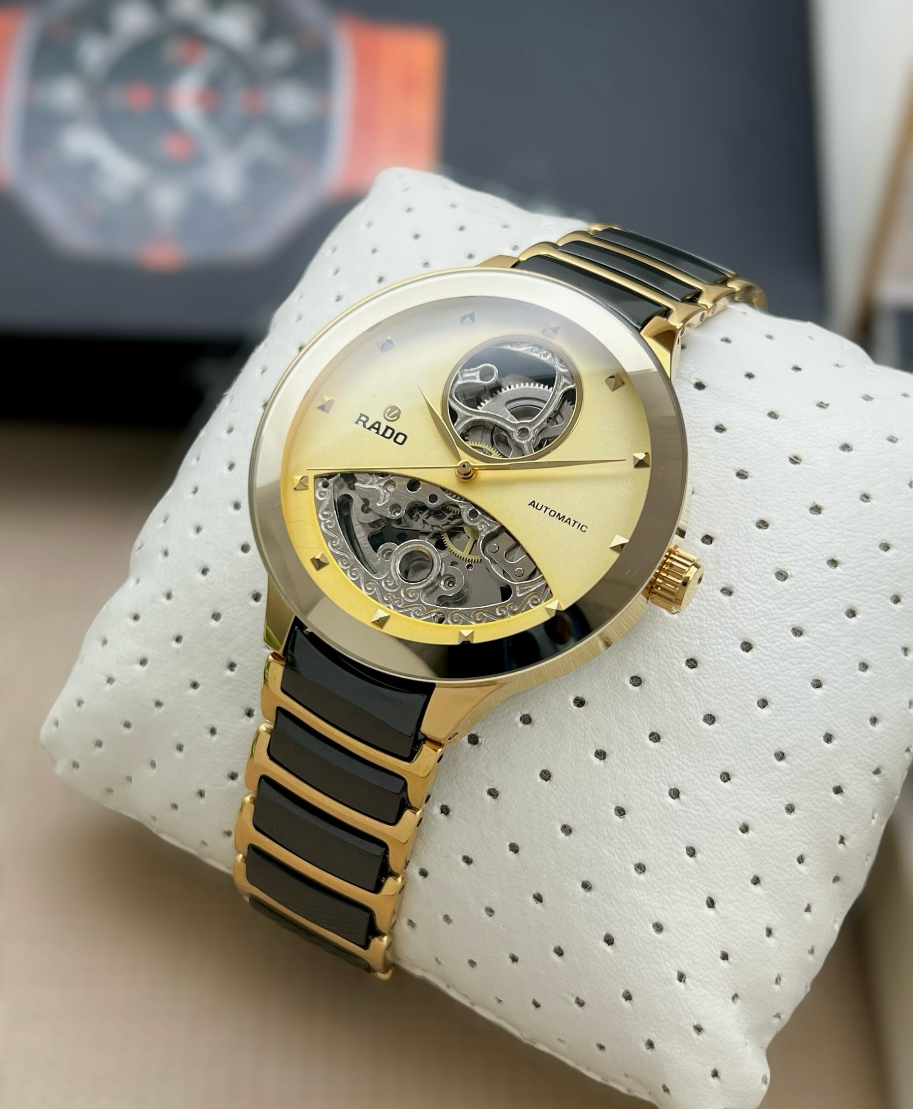 This Rado Automatic Jubilé watch exudes elegance with its exquisite skeleton dial, maurya watch