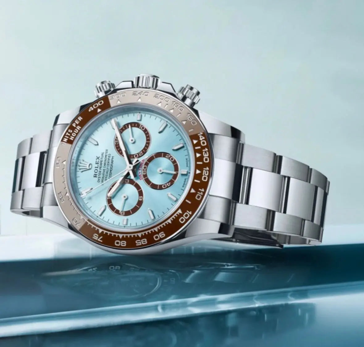 Rolex cosomograph Daytona platinum ice blue dial with Brown CERACHROM BEZEL maurya watch