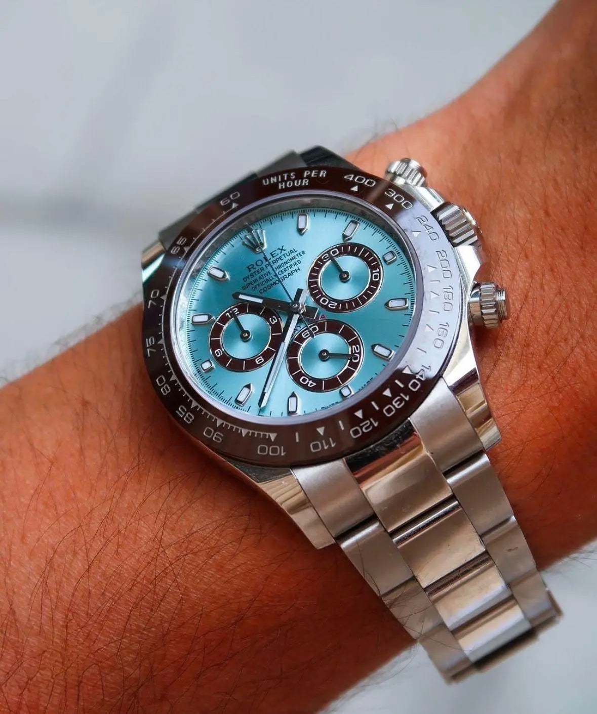 Rolex cosomograph Daytona platinum ice blue dial with Brown CERACHROM BEZEL maurya watch