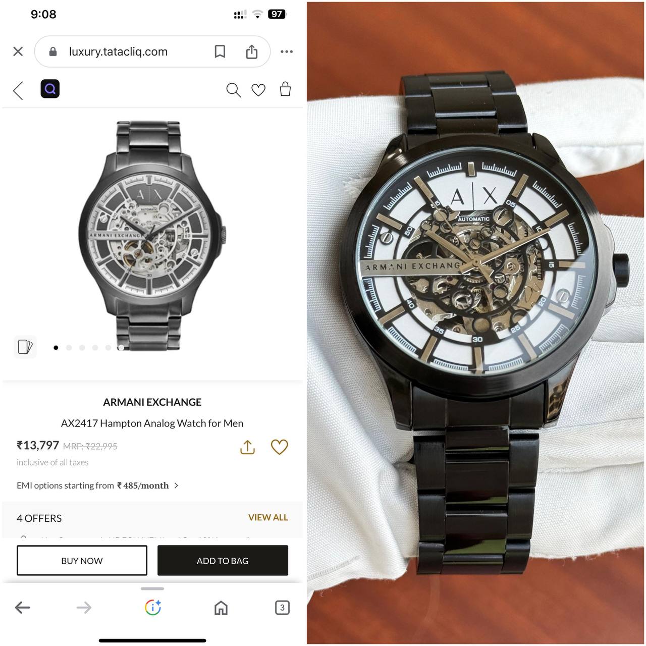 Armani Exchange Hampton Skeleton Stainless Steel Automatic AX2417 Mens maurya watch