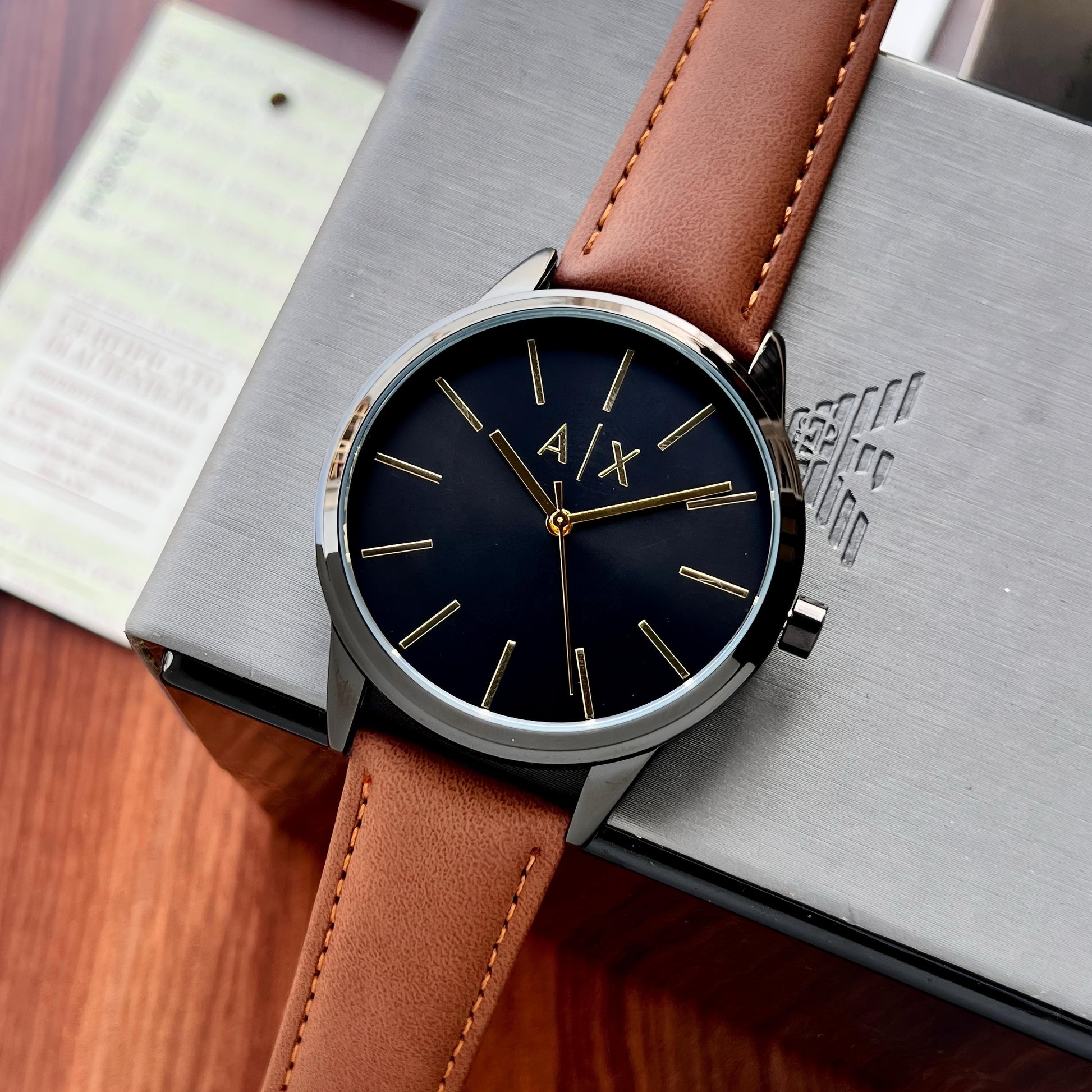 ✅ The Armani Exchange Cayde brown strap black dial wrist watch maurya watch