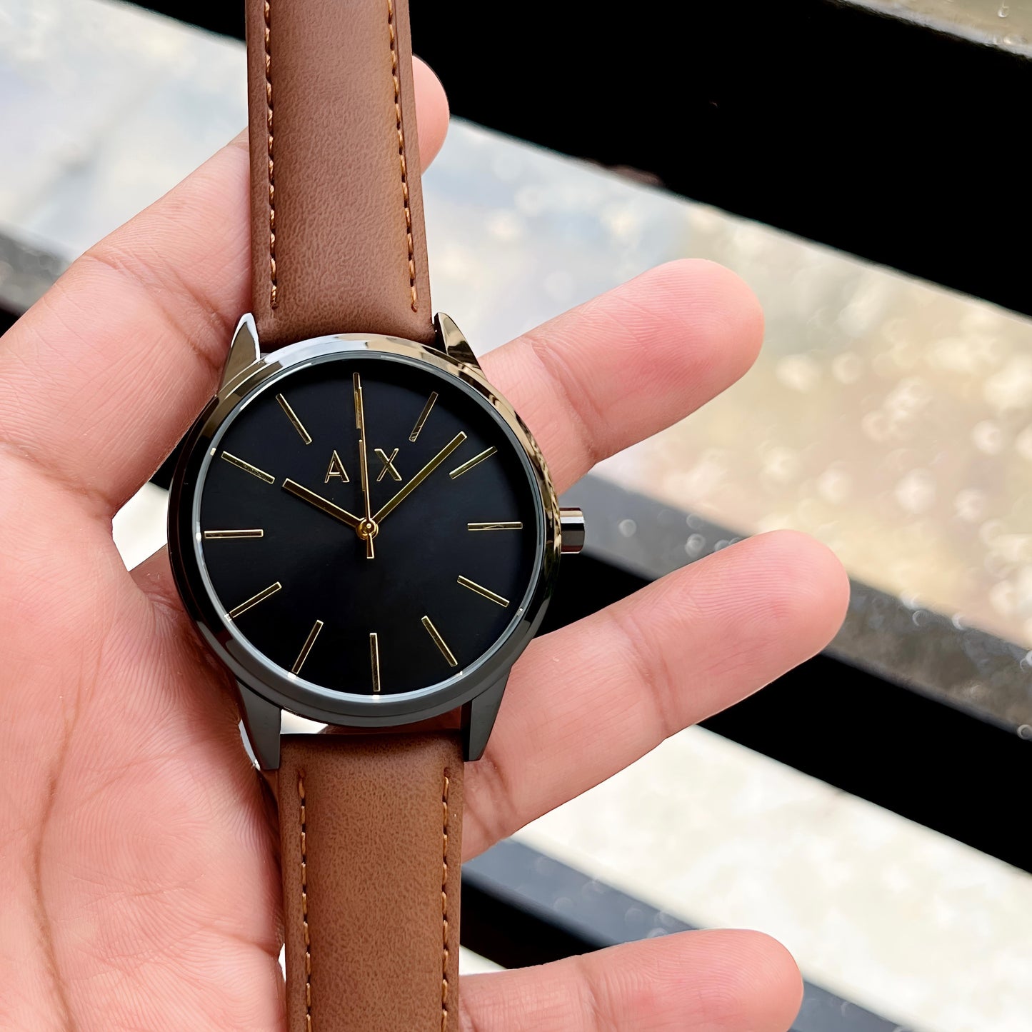✅ The Armani Exchange Cayde brown strap black dial wrist watch maurya watch