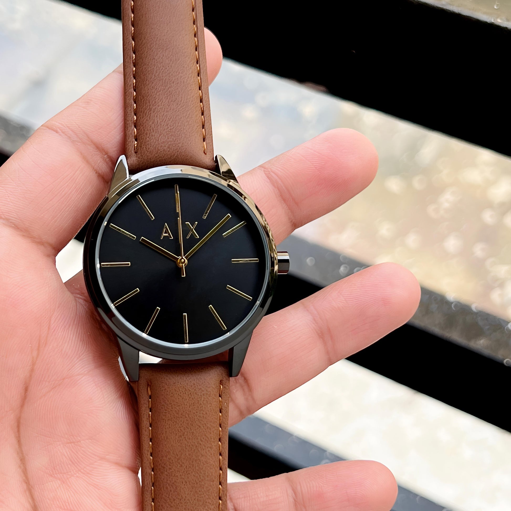 ✅ The Armani Exchange Cayde brown strap black dial wrist watch maurya watch