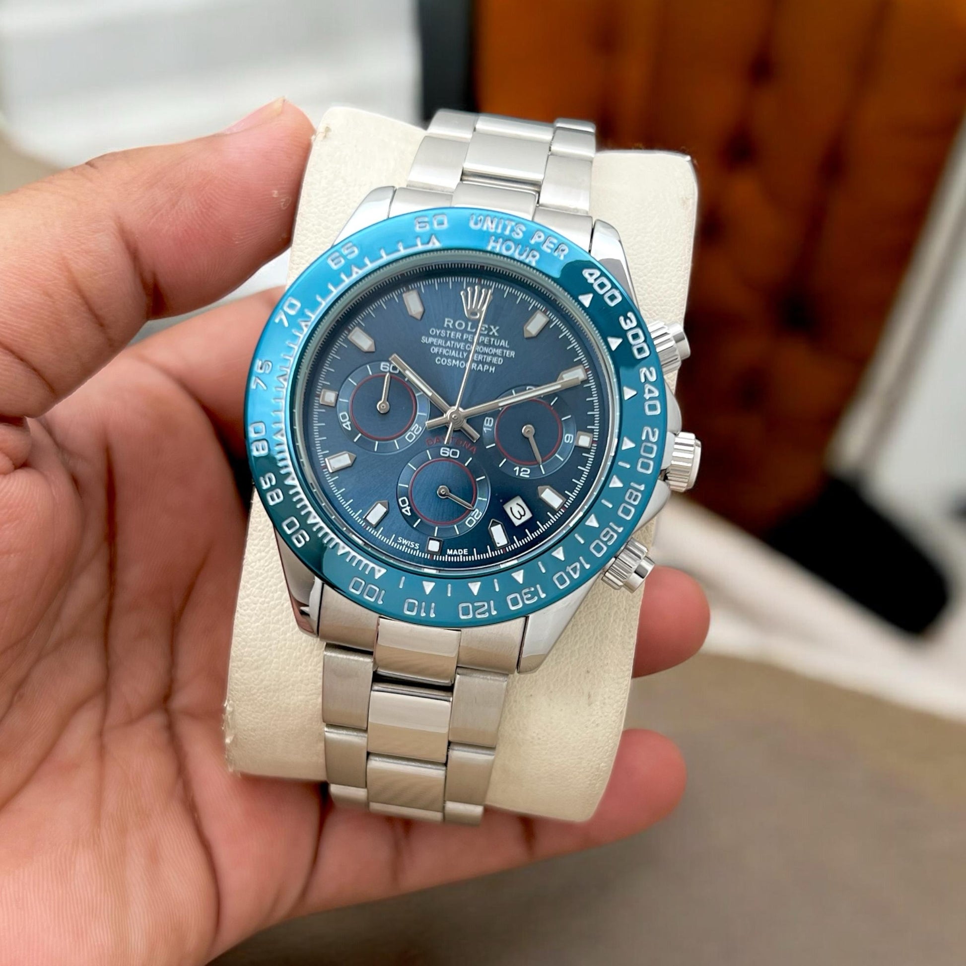 rolex daytona round dial silver chain maurya watch