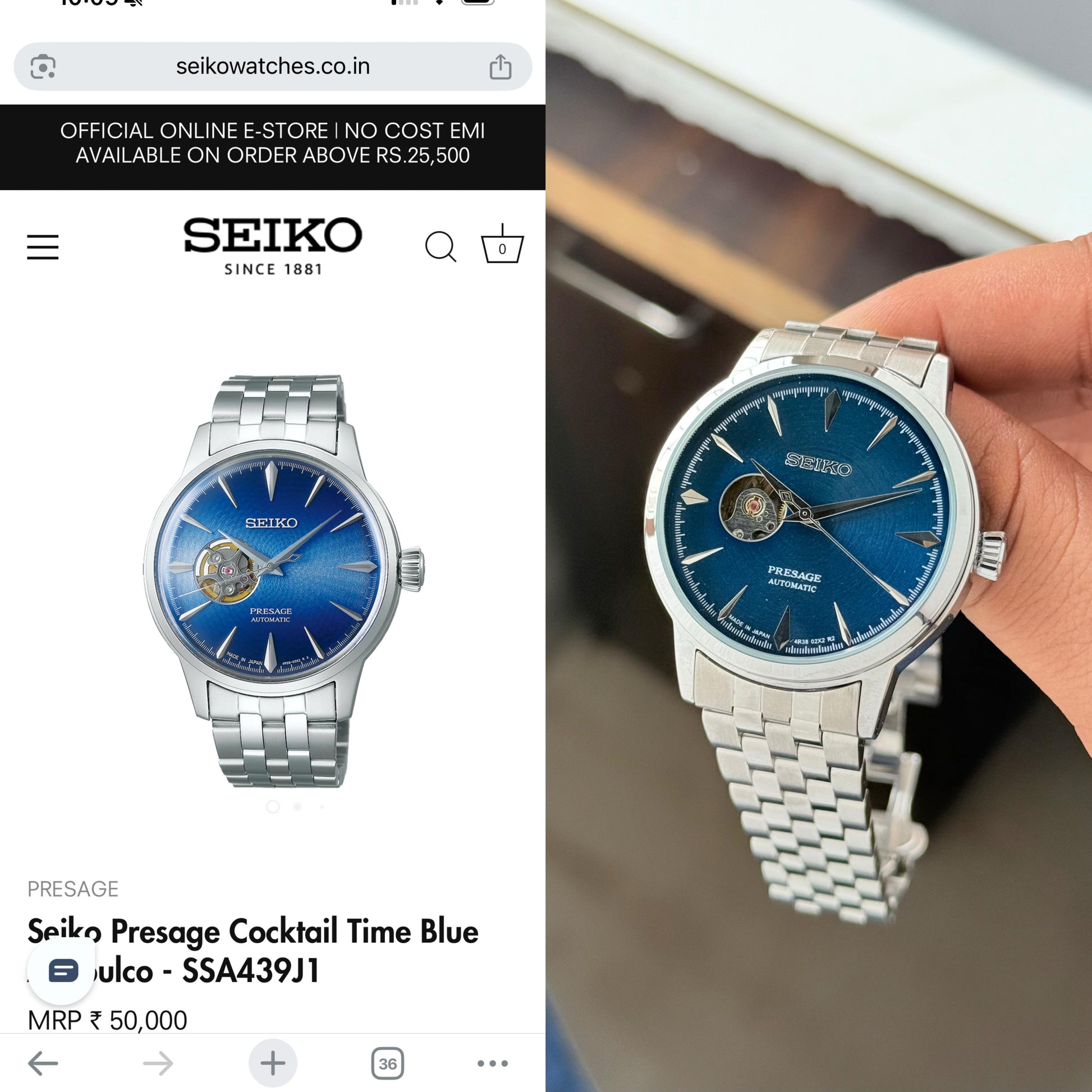 seiko blue semi skeleton chronograph working automatic movement H.R.S watches
