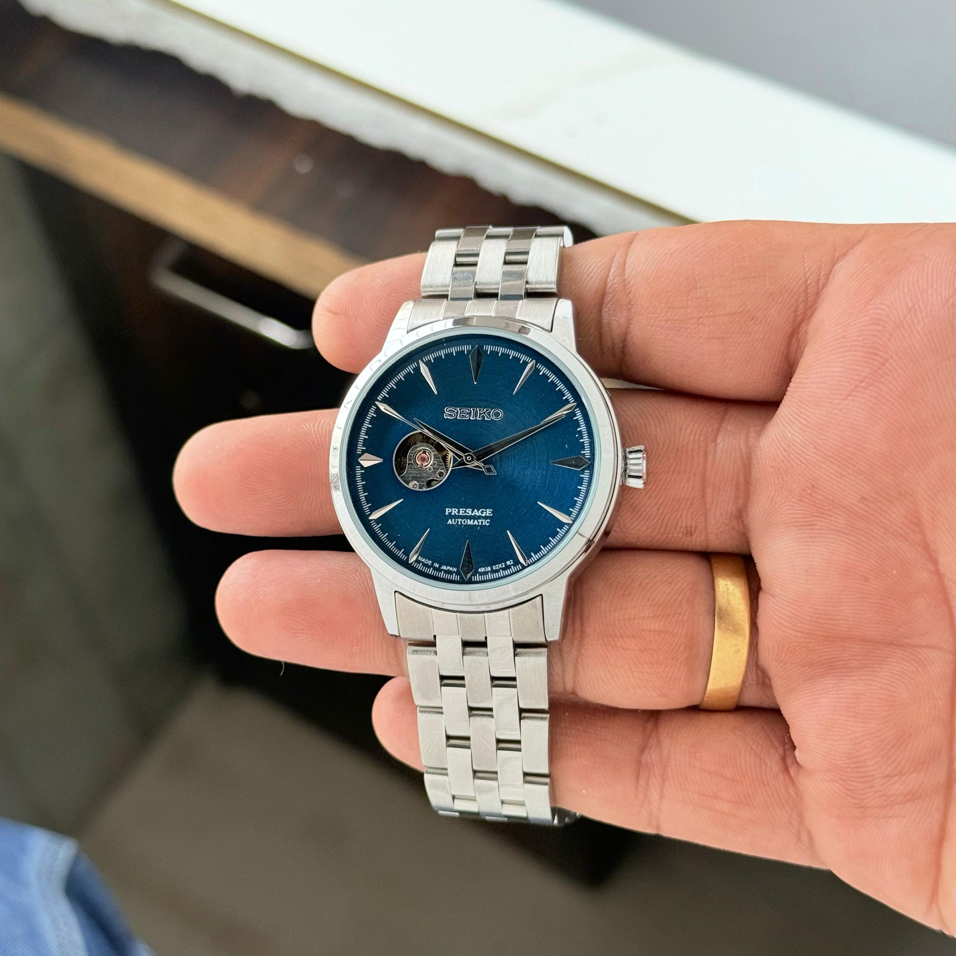 seiko blue semi skeleton chronograph working automatic movement H.R.S watches