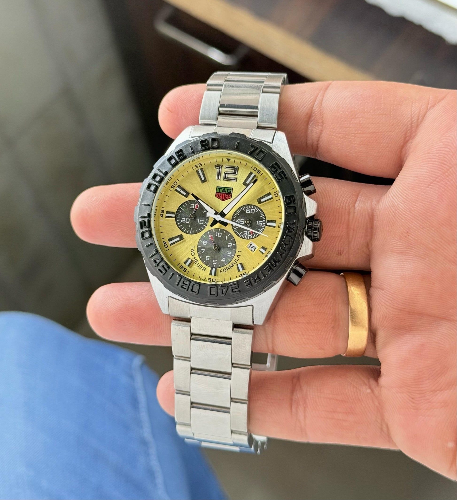 Tag Heuer yellow dial metal strap watch H.R.S watches