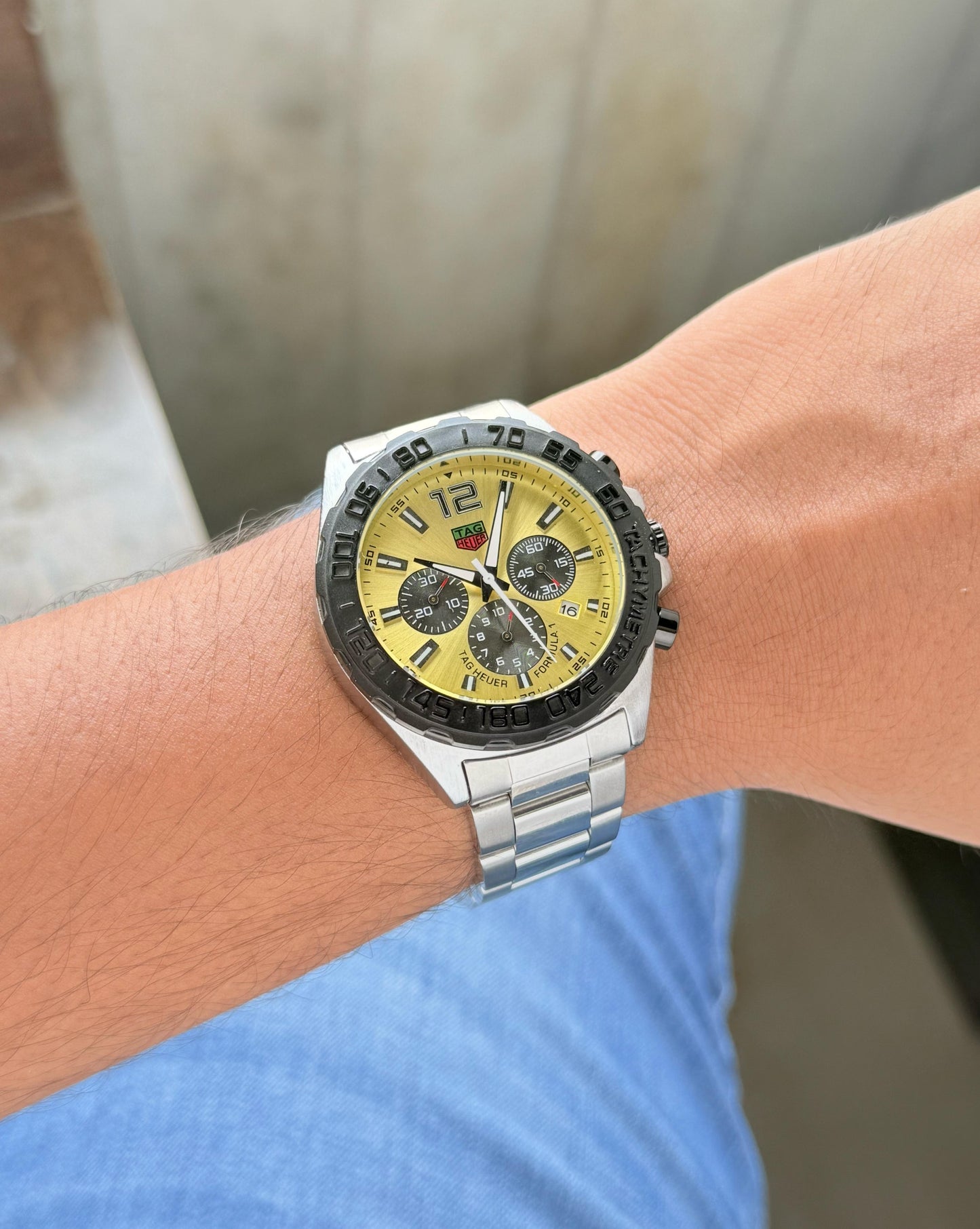 Tag Heuer yellow dial metal strap watch H.R.S watches