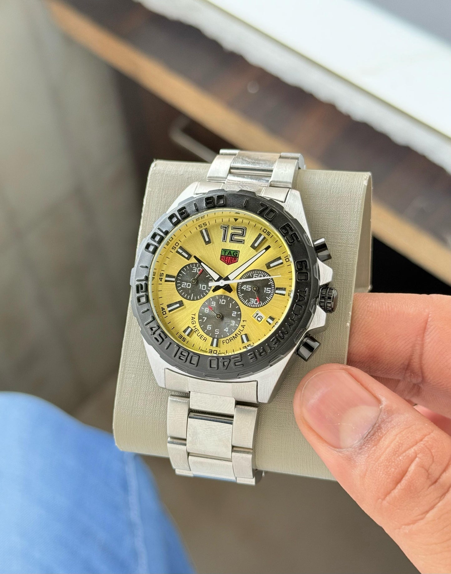 Tag Heuer yellow dial metal strap watch H.R.S watches