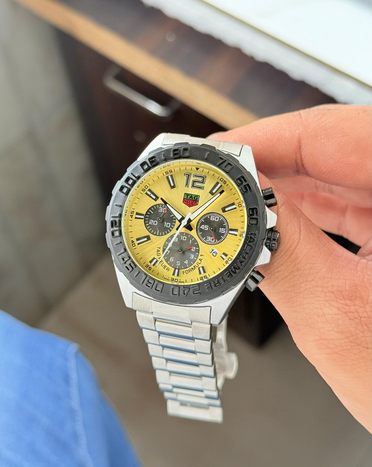 Tag Heuer yellow dial metal strap watch H.R.S watches
