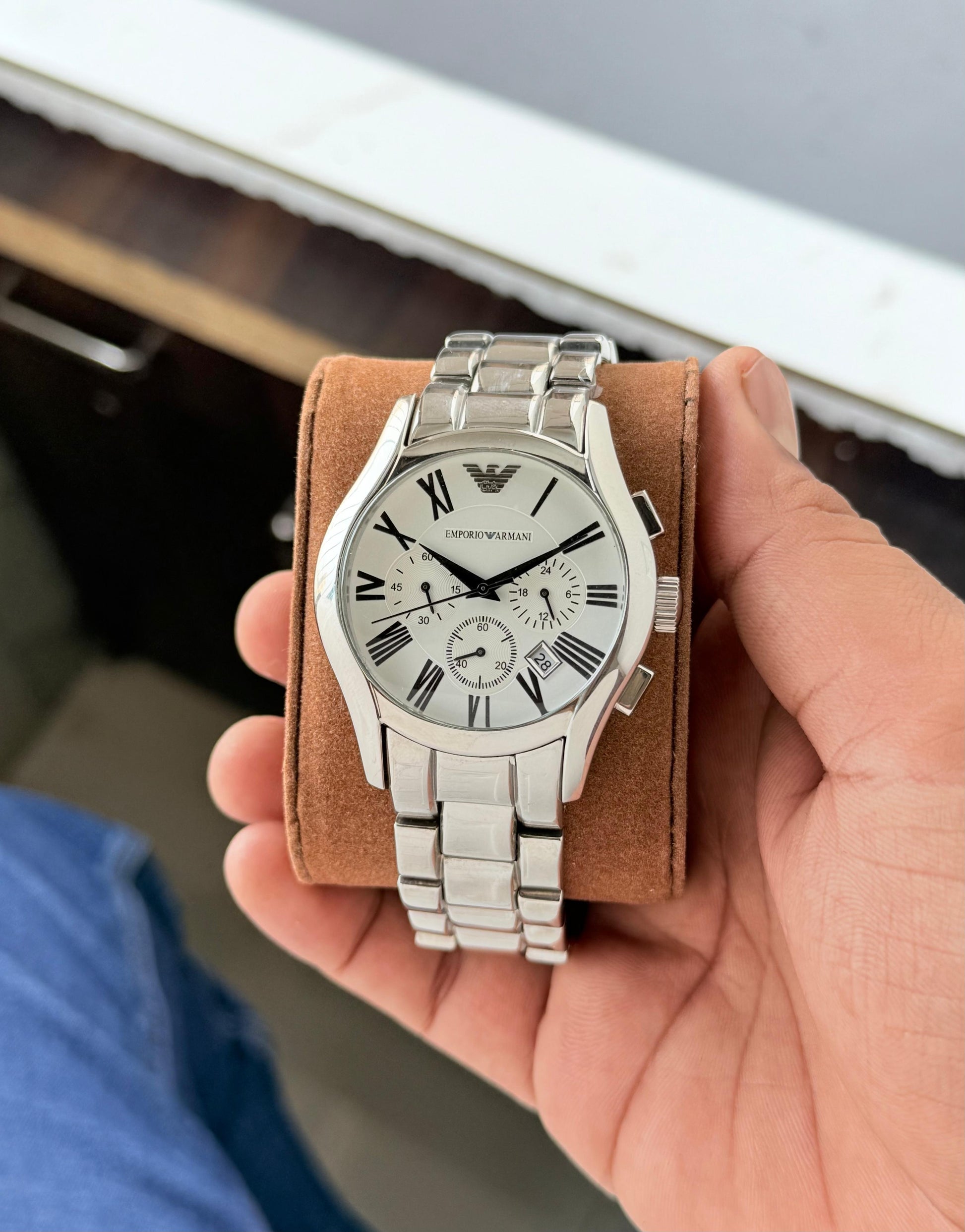 🌟 Emporio Armani Stainless Steel Gunmetal White dial Valente chronograph H.R.S watches