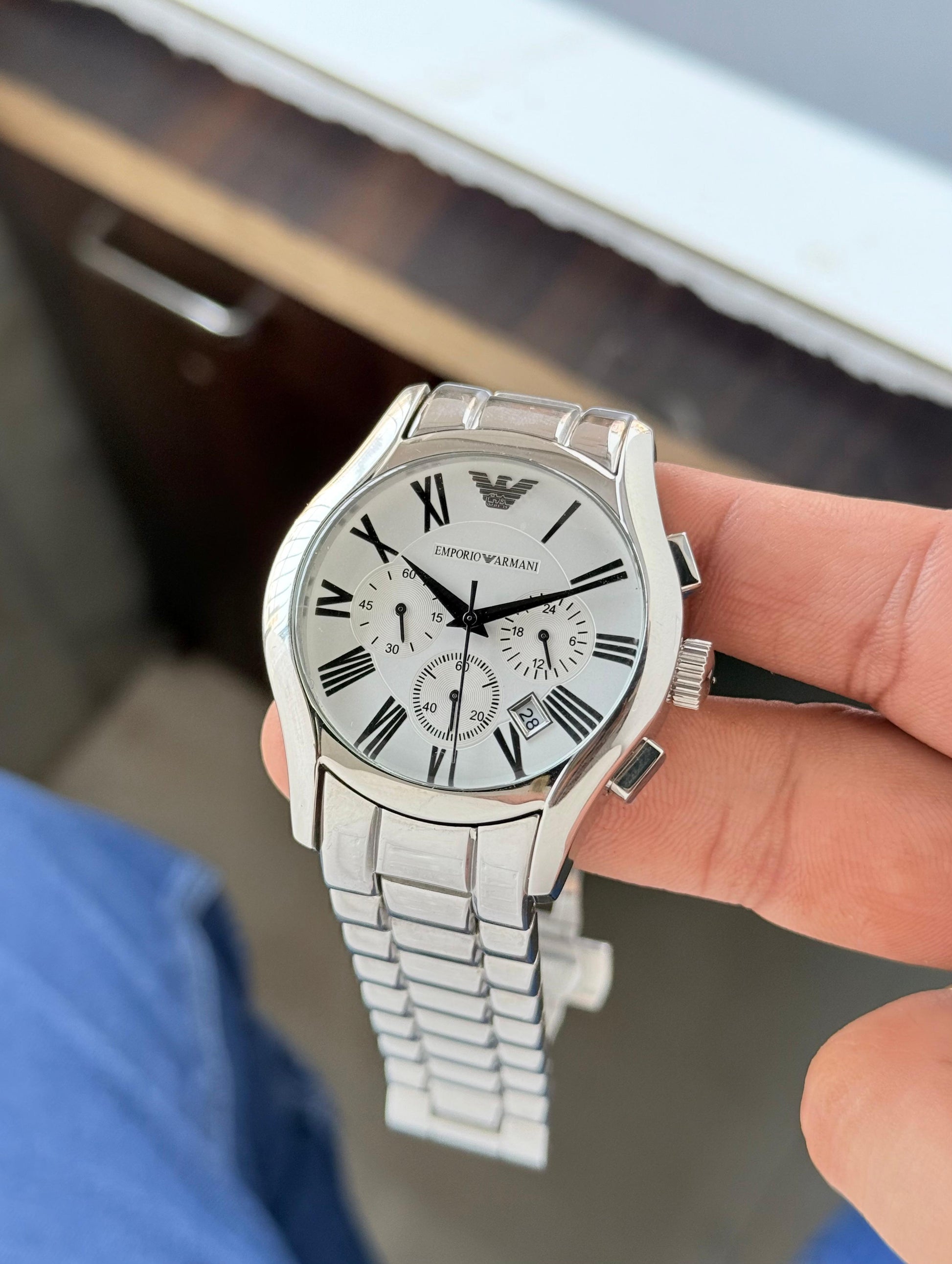 🌟 Emporio Armani Stainless Steel Gunmetal White dial Valente chronograph H.R.S watches