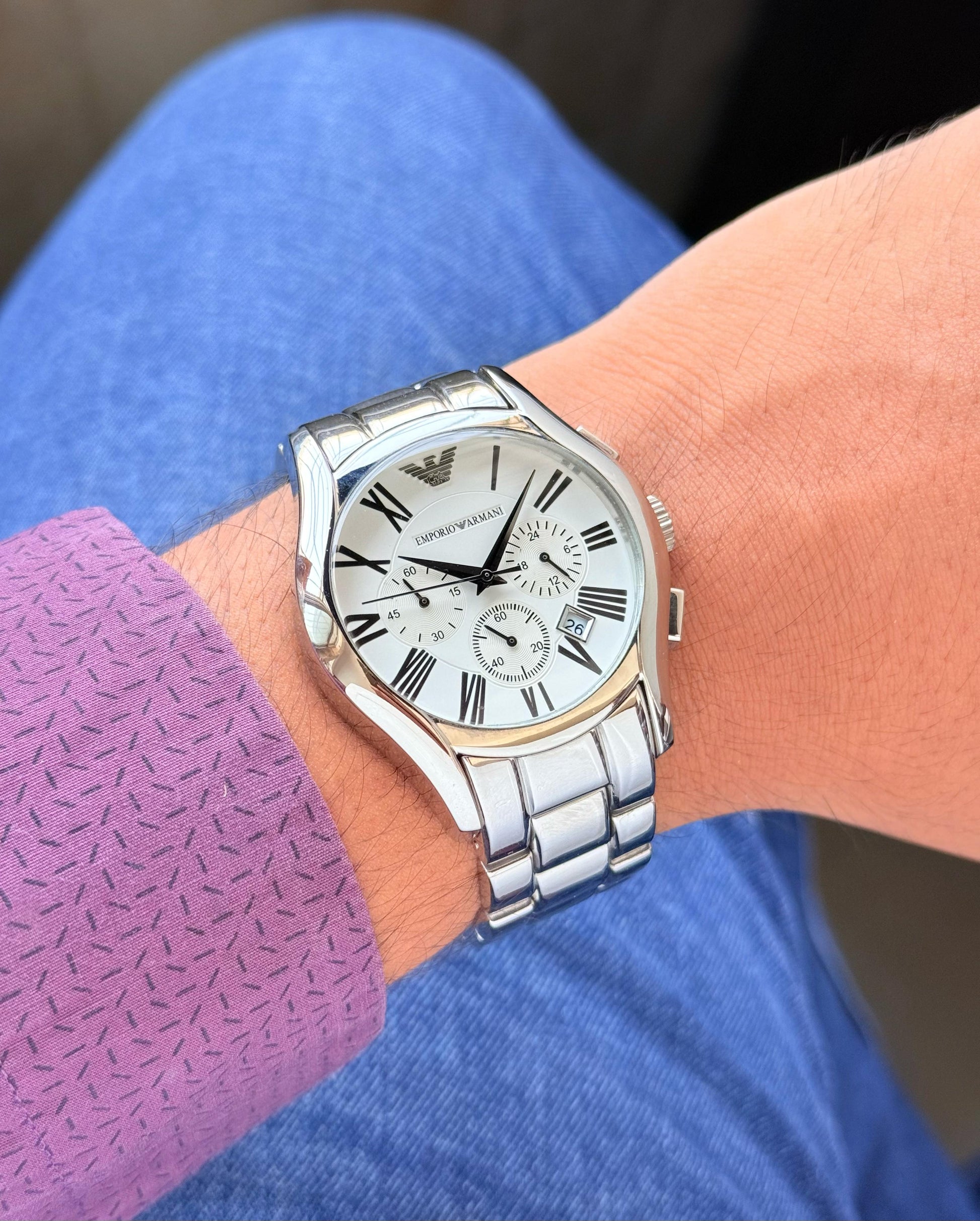 🌟 Emporio Armani Stainless Steel Gunmetal White dial Valente chronograph H.R.S watches