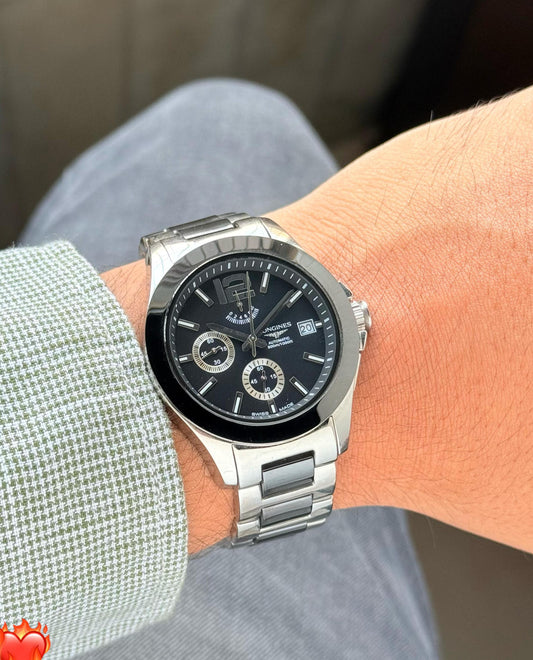 longines black round chronograph working maurya watch