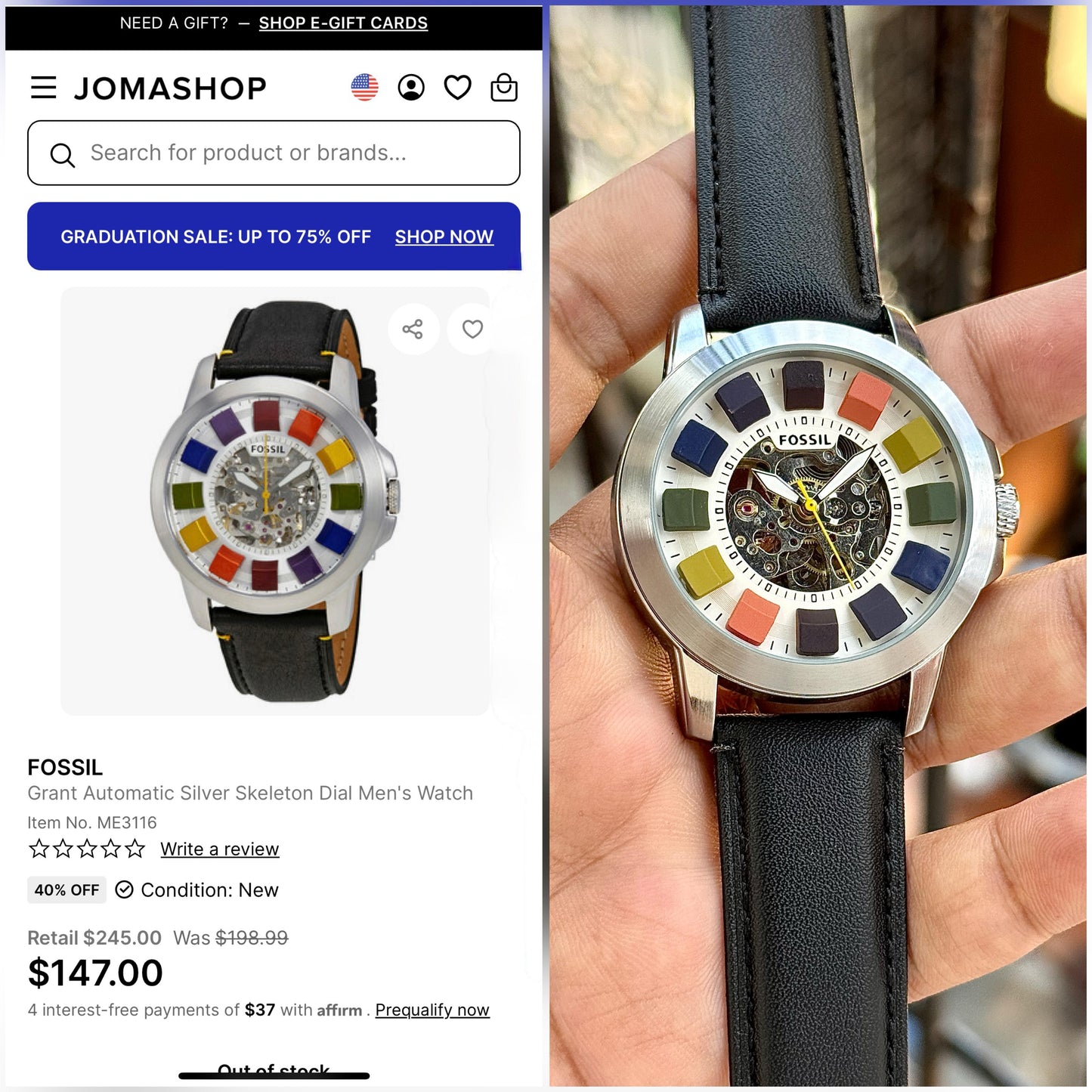 ✅ FOSSIL GRANT AUTOMATIC – MULTICOLOUR SKELETON
