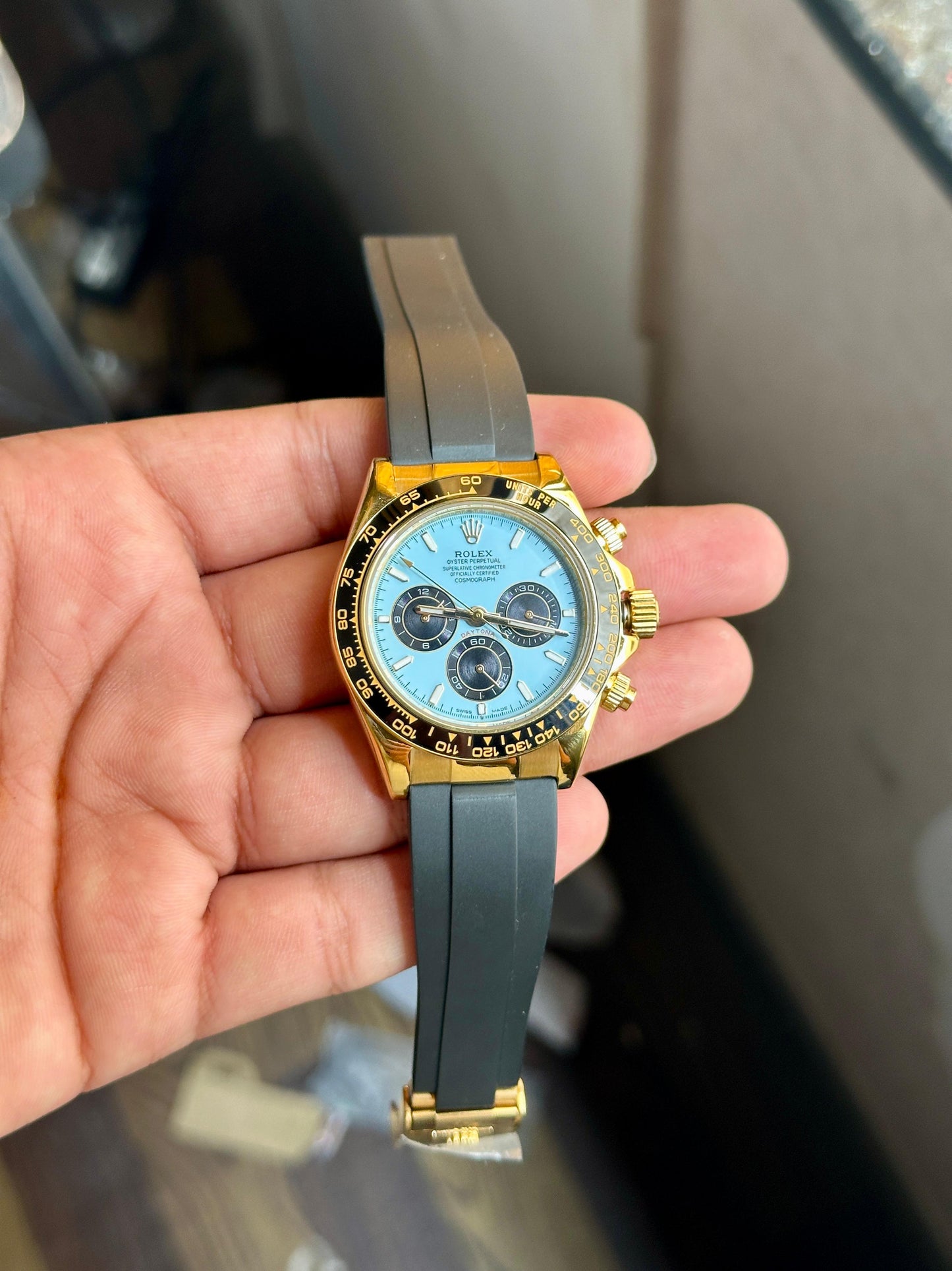 Rolex Daytona Turquoise Dial – Automatic Chronograph | Premium First Copy with Rubber Strap