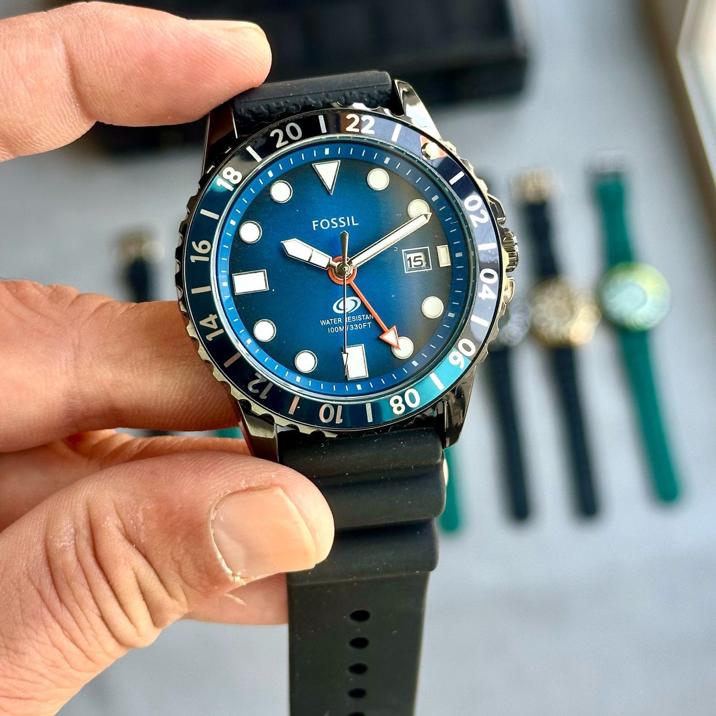 Fossil Blue GMT Black Belt – Premium First Copy Men’s Watch | 100M Water Resistant | Japanese Quartz Movement  100% Premium Quality – Pure First copy